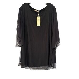 Sese Code Black Leaf Mesh Overlay Blouse Women's 3XL Semi Sheer Sleeves Fairy